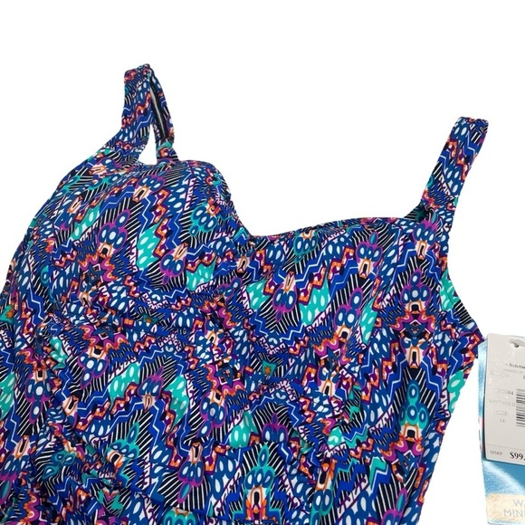 Swim Solutions Tummy Control Shirred One Piece Swim Suit Navy Multi 14 New - Picture 3 of 7